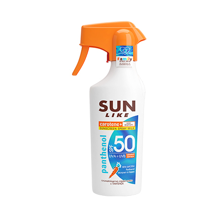 Слънцезащитно мляко - спрей Сън Лайк Фемили SPF50 250мл С пантенол Слънцезащитно мляко - спрей Сън Лайк Фемили SPF50 250мл С пантенол