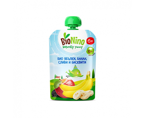 Био плодова закуска Бионино 90г 6М+ Ябълки, банан, сливи и бисквити Био плодова закуска Бионино 90г 6М+ Ябълки, банан, сливи и бисквити