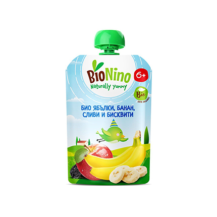 Био плодова закуска Бионино 90г 6М+ Ябълки, банан, сливи и бисквити