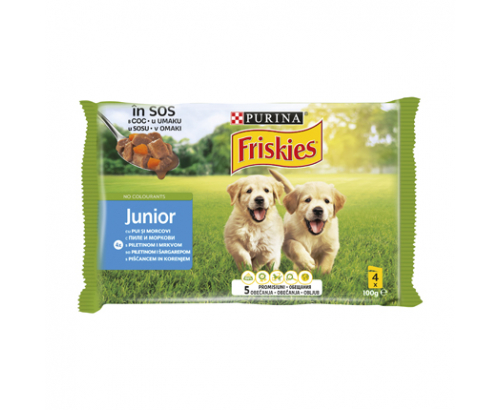 Храна за кучета Фрискас Джуниър 4х85г Пауч С пиле и моркови в сос Храна за кучета Фрискас Джуниър 4х85г Пауч С пиле и моркови в сос