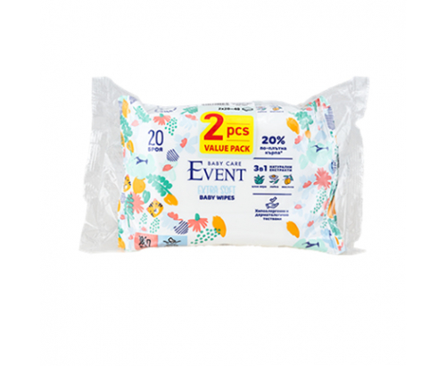 Влажни кърпи Евент Бебе Екстра Софт 3в1 2х20бр Влажни кърпи Евент Бебе Екстра Софт 3в1 2х20бр