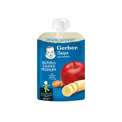 Плодов мус Гербер 150г Ябълка, банан и морков