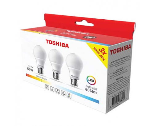 Лед крушка Тошиба 8.5=60W E27 3000К 806LM 3бр Лед крушка Тошиба 8.5=60W E27 3000К 806LM 3бр