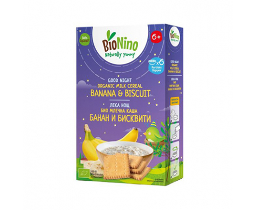 Био млечна каша Бионино Лека нощ 200г 6М+ Банан и бисквити Био млечна каша Бионино Лека нощ 200г 6М+ Банан и бисквити