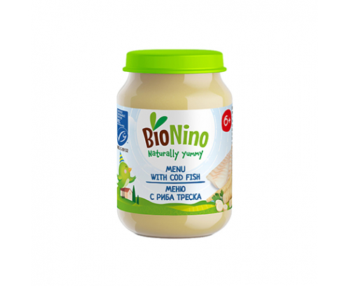 Био пюре Бионино 190г 6М+ Риба треска с органични зеленчуци Био пюре Бионино 190г 6М+ Риба треска с органични зеленчуци