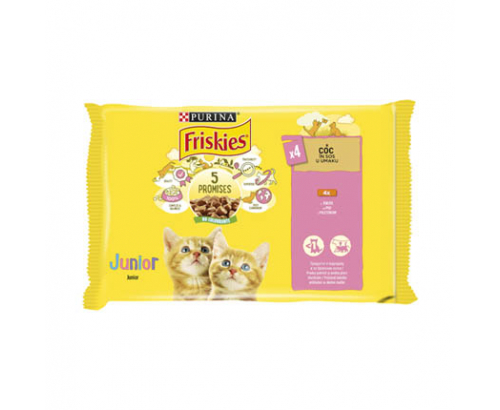 Храна за котки Фрискас Джуниър 4х85г Пауч Пилешки хапки в сос Храна за котки Фрискас Джуниър 4х85г Пауч Пилешки хапки в сос